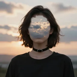 a portrait photo of a girl with short dark wavy hair, wearing a black choker and a black t - shirt, her face is hidden by clouds, sunset cloudy landscape in the background, professional photography 5 0 mm f 1