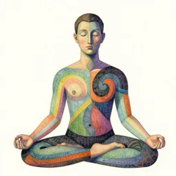 onyx passionate by anne geddes, by allison bechdel. a drawing of a man with a large head, sitting in a meditative pose. his eyes are closed & he has a serene look on his face. his body is made up of colorful geometric shapes & patterns that twist & turn in different directions.