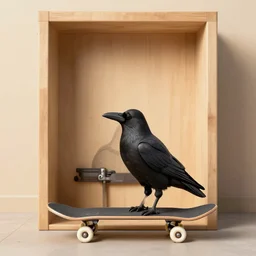crow on a skateboard, calm, pleasant, warm, photo booth