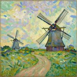 A beautiful oil painting of a dutch landscape, there are windmills, the colors are vivid and bright, in the style of early van Gogh, rough pointillism