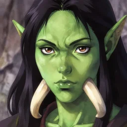 a female orc with large tusks and green hued skin | | very anime, fine - face, pretty face, realistic shaded perfect face, fine details. anime. realistic shaded lighting poster by ilya kuvshinov katsuhiro otomo ghost in the shell, greg rutkowski, magali villeneuve, artgerm, jeremy lipkin and michael garmash and rob rey