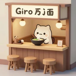cute ramen shop, goro fujita, studio gibli, hayao miyazaki, clean, low poly, trending on artstation, global illumination, 2 stools