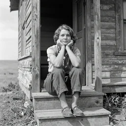 Award winning Dorothea Lange photo, 1934, Great Depression. Woman sitting with crossed ankles on the steps of her house in the Kansas dustbowl. She stares off into the distance, resting her head on her hands. Americana, vintage, Pulitzer Prize.