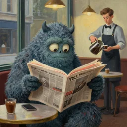 the monster from the thing reading a newspaper at a cafe. a waiter is pouring coffee. painting by edward hopper, 3 d rendering by beeple, 8 k, comfy bennings - thing