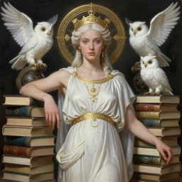 a portrait of mazzy star as a beautiful goddess minerva, stacks of books and esoteric symbols cand white owls intricate, elegant, highly detailed, digital painting, trending on artstation, concept art, smooth sharp focus, illustration, art by artgerm and greg rutkowski