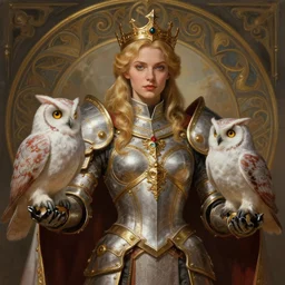 portrait of imogen poots as a warhammer paladin, owls in hand, by sasha tudvaseva, deep focus, intricate, elegant, regal, highly detailed, digital painting, artstation, concept art, matte, sharp focus, illustration, warhammer, fantasy, hearthstone, art by artgerm and greg rutkowski and alphonse mucha
