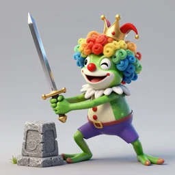 clown frog king pulls the sword from the stone, clown excalibur, clown frog king wearing clown makeup and rainbow wig, clown crown artwork by Moebius, 3D rendering by Beeple