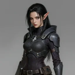 portrait of a female dark elf witch by ayami kojima, she is about 2 0 years old, russian, black hair, introvert, she is wearing a modern tactical gear, scifi, highly detailed portrait, digital painting, artstation, concept art, smooth, sharp foccus ilustration, artstation hq