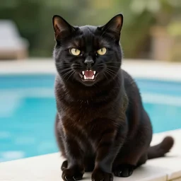 a picture of an angry black fuzzy cat, white sharp big teeth and yellow eyes, sitting by a pool on a sunny day