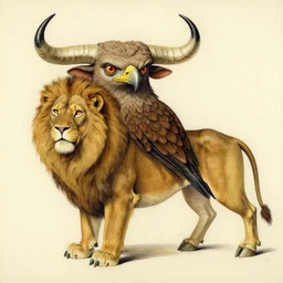 a creature with the body and eyes of a man, with the beak of an eagle, the mane of a lion, and the horns of an ox. drawn by salvador dali