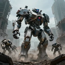 vfx film upward angle, hyper real render, hyper detailed, wide angle, futuristic giant powerful sci - fi war mech walking out, emerging from smoke and debris in war zone, crumbling buildings, titanfall irl, mechwarrior, hawken, battletech, pacific rim, flat color profile low - key lighting award winning photography arri alexa cinematography, hyper real photorealistic cinematic, atmospheric cool