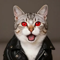 still of a cat with flaring red eyes, wearing leather jacket