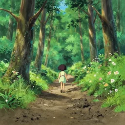deep muddy forest on a sunny day walkway panorama, blooming, very traditional gouache painting by makoto shinkai disney animation pixar kyoto animation
