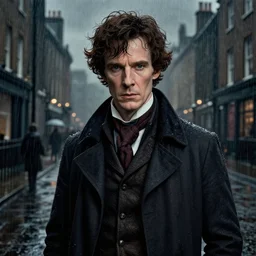 a detailed matte portrait of sam winchester in a supernatural sherlock holmes story, 1 8 th century london in the rain, city streets, ominous, masterpiece, 8 k, art by alphonse mucha and greg rutkowski