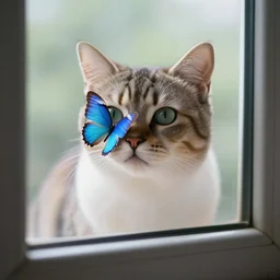 a portrait photo of a cat on the inside of a window with a blue butterfly on its nose, 5 0 mm f 1. 4