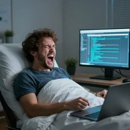 a software engineer screaming in anger as he's woken up