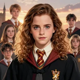 Poster artwork, Emma Watson as Hermione Granger, wearing hogwarts!!! robes!!!, magnificent, close up, details, sharp focus, elegant, highly detailed, illustration, by Jordan Grimmer and greg rutkowski and PiNe(パイネ) and 薯子Imoko and 香川悠作 and wlop!!!! and maya takamura, intricate, beautiful, sunset!!!, Trending artstation, pixiv, digital Art