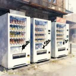 dusty city, broken vending machines, Ghost in the Shell, ultrawide watercolor