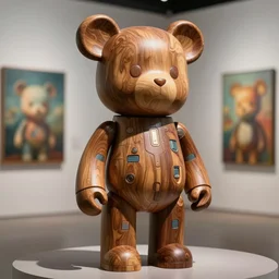 8 k octane render sculpture photorealistic beautiful character wooden design, art toys collectible figurine, mascot very cute bear robot cyberpunk, contemporary art gallery in background concept art cgsociety by ron english