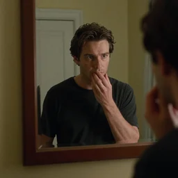 cult leader looking in mirror, centered on camera, film still from horror documentary movie, 4k