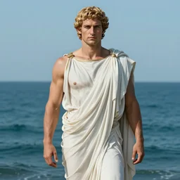 full body portrait of ian bohen as a greek god. dressed!!!! toga. ocean background. detailed face, concept art, intricate, highly detailed 8 k, smooth, sharp focus, handsome and aesthetic shape of face and body, artgerm, artstation, art by zexi guo and nira and junpei suzuki and gharliera and rinotuna