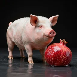 sculpture of a pig and a pomegranate, photorealistic, black background, flood waters, by bob eggleton, trending on artstation