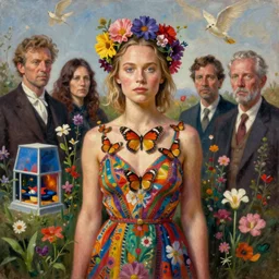 a realistic oil painting of alicia vikander covered with butterflies wearing a colourful patterned dress and a flower crown surrounded by wild flowers, painted by edgar maxence, edward hopper, wayne barlowe, james gilleard and james jean