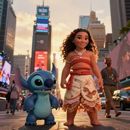 brushify, deviant art, cafesale, golden hour, epic proportion, beautifull hyper realistic time square moana and stitch, bagshaw and james gurney and lucasfilm