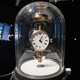 photo of a torsion pendulum clock in a glass dome floating inside a space station. highly - detailed, fish - eye lens, award - winning