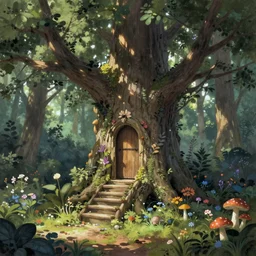 digital painting detailed forest tree with a little door inside the tree with stairs, magical forest flowers mushrooms