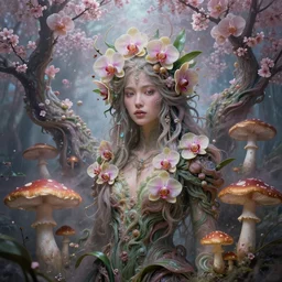 psychedelic! organic shaman made of orchids and cherry blossom trees and mushrooms, diffuse lighting, fantasy, intricate, enlightened, highly detailed, lifelike, photorealistic, digital painting, artstation, beautiful girl, concept art, smooth, sharp focus, by john collier and albert aublet and krenz cushart