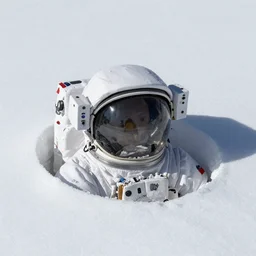 an astronaut ’ s helmet buried in the snow