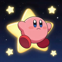 Kirby flying through space on a Warp star