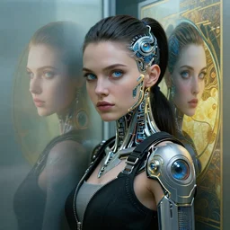 cyberpunk full shot, leaning on wall, very detailed, cgsociety, artstation, female, clean, symmetry, blue eyes, nice clothing, intricate, impossible beauty, golden ratio, eye implant bionic, ponytail, staring in the void, art by krenz cushart and artem demura and alphonse mucha