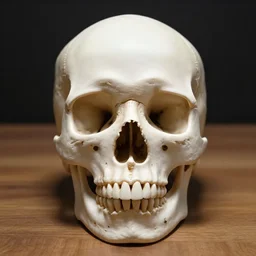 opal human skull sitting on a wooden table, downlighting, symmetrical - n 9