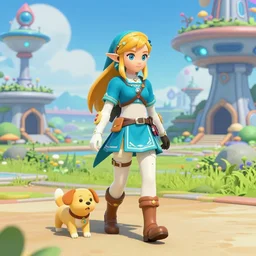 zelda in the future city taking a walk with a cute dog