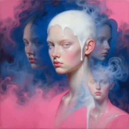 3 d, close - up, liquid white oil, fashion model, deep blue fog, smoke, poster art, high detail, intricate oil painting, multiple exposure, deep pink color palette, hyperrealism, 3 d, by tooth wu and wlop and beeple and greg rutkowski