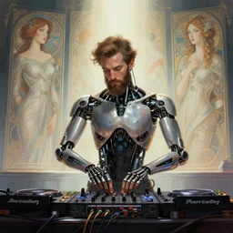 cyborg dj man with beard mixing on stage, diffuse lighting, fantasy, intricate, elegant, highly detailed, lifelike, photorealistic, digital painting, artstation, illustration, concept art, smooth, sharp focus, art by john collier and albert aublet and krenz cushart and artem demura and alphonse mucha