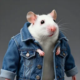 photo portrait of a cute rat made of jeans jacket, medium shot, super realistic, crisp details, sharp, detailed, intricate, volumetric lights, cinematic, shot with hasselblad, octane render