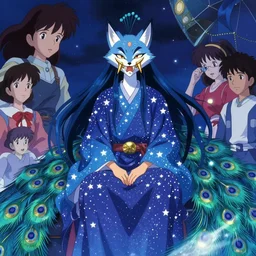 dreamy portrait from an anime of an ethereal colorful blue starry fox peacock character with giant golden demonic fangs, wearing star filled mage robes, sitting in an illuminated observatory at night, art by yuji ikehata, background art by miyazaki and art direction from the last unicorn film, realism, detailed, proper human proportions, fully clothed