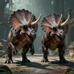 super realistic render of two menacing zombie triceratops on a courtyard, scary, powerful extremely detailed, high quality, epic, dnd, artstation