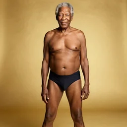 8 k studio photo of morgan freeman posing in bikini, studio lighting, golden background