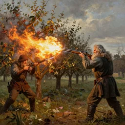 gandalf firing a shotgun at an orch, very wide shot, oil painting, war photo, anger, fire, dramatic, very detailed, 4k, by Jeffrey Smith and Erin Hanson and Chad Knight