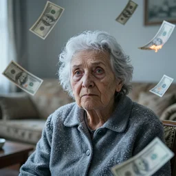 in a frozen old living room a close up portrait of a solitary old underweight lady is cold, burning money floats in the air, hyper realistic photo, full colour, kodak porta 4 0 0, upscale, 8 k, masterpiece,