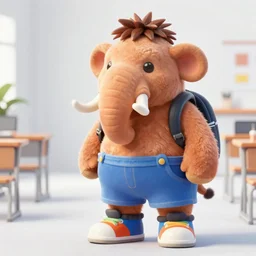 furry character of a mammoth in shortalls and colorful sneakers, attending first day of kindergarten, digital art, high quality, one panel comic, deviantart