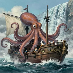 a giant octopus is devouring a pirate ship in the wild sea, wide lens, cinematic, mist, waves, great waterfall, Eddie mendoza, ghibli, Vladimir Kush, Michael Whelan, Kay Sage, Julie Bell, Jane Graverol, Peter Mohrbacher, Ralph Bakshi, Detailed Digital Art, Airbrush, Art Nouveau, Intricate, Clear, Looming, Epic, Depth, Multi-dimensional Latent Space, Volumetric Lighting, Unreal Engine, octane render, vray, 4k, super wide angle