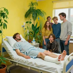 a man with a broken leg in a cast lies in a cozy hospital room with lots of vegetation and bright walls, by artgerm, eve ventrue, sherree, ilya kuvshinov, magali villeneuve, jeremy lipkin, rob rey, christophe vacher