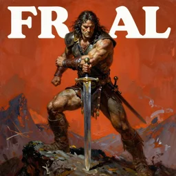 in the style of frank frazetta, a highly detailed matte portrait painting of conan the barbarian, standing on a mountain holding a sword, by ashley wood, dynamic berserk battle pose, eerie magazine cover, red orange brown colors, impressionism, palette knife and brush strokes, photorealistic, detailed, intricate, 4 k, focused, extreme details, masterpiece