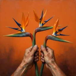 neo-surreal painting of hyperrealistic veiny human hands holding Birds of Paradise flowers dali robert steven connett dramatic orange light 8k high angle shallow depth of field