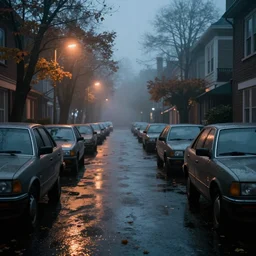 silent hill in real life, streets, sombre, parked cars, overcast, blankets of fog pockets, rain, volumetric lighting, beautiful, night time, autumn, sharp focus, 7 0 s visuals, ultra detailed, cgsociety